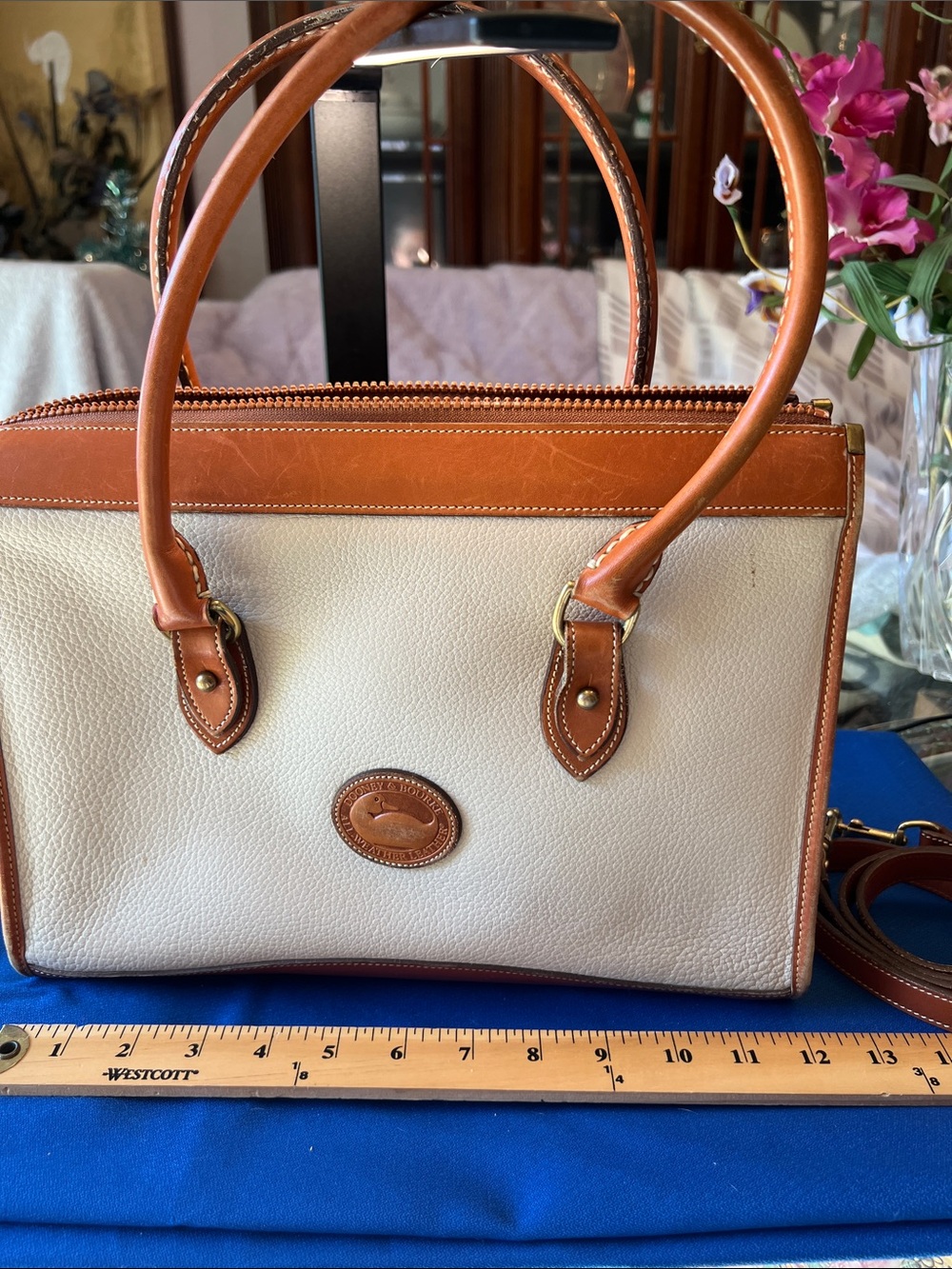 Dooney & Bourke Cream and Brown Pebbled Leather Satchel